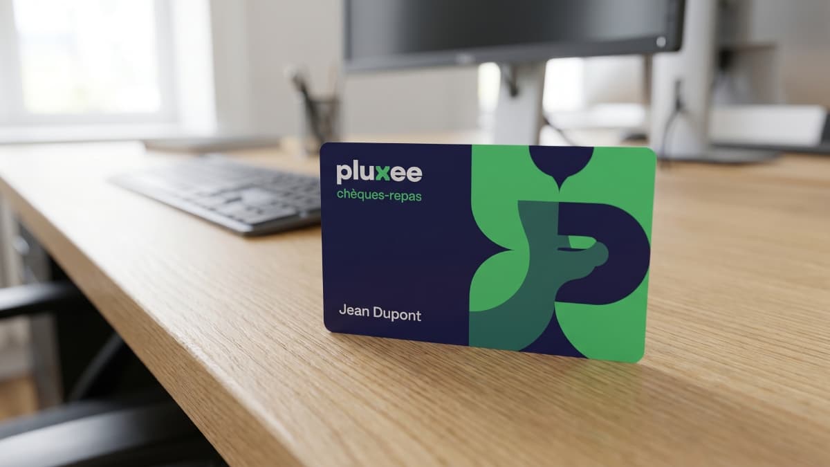 Carte chèques-repas Pluxee sur le bureau d'un employé.