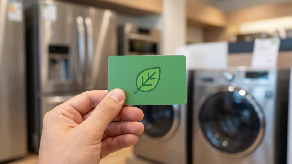 Une personne qui tient une carte éco-chèques dans un magasin qui vend des appareil électroménagers.