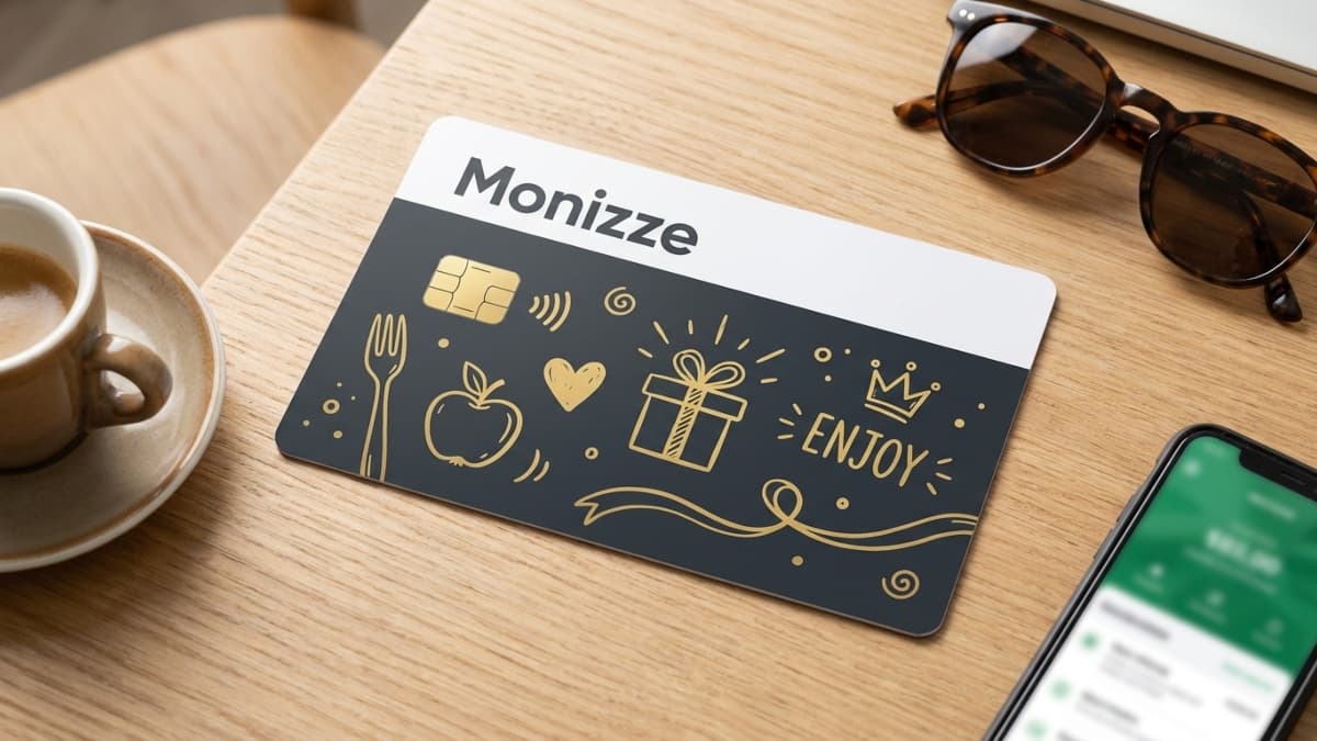 Une carte de chèques-repas Monizze posée sur un bureau avec un smartphone, une tasse de café et des lunettes de soleil. 