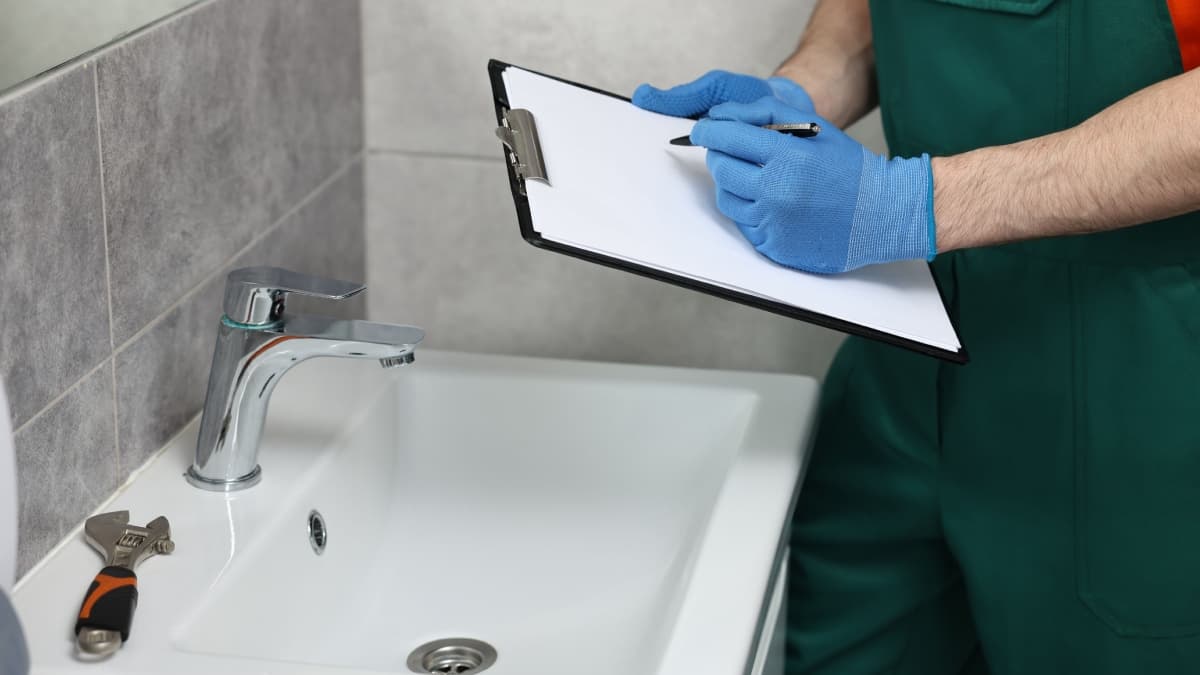 Plombier dans une salle de bain avec un carnet et un stylo en main.